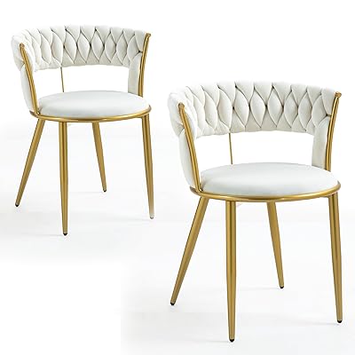 TIANSHU ダイニングチェア 2脚セット ゴールド金属脚 ベルベット生地 編み込み背もたれ付き タフテッドチェア アクセントチェア 柔らかくて快適 リビング...
