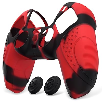 eXtremeRate PlayVital ps5対応用保護カバー、ps5コントローラーに適用するカバー、スティックキャップ付き【レッド＆ブラック】
