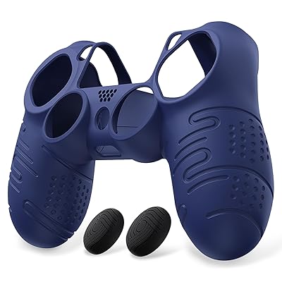 PlayVital Line & Dot ps4コントローラーに対応用シリコンカバー、ps4 pro&ps4 Slimコントローラー用滑り止めソフト保護カバー、親指グリップキャップ付き【ミッドナイトブルー】