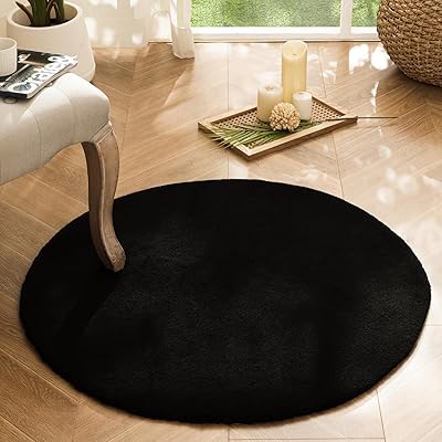 Ashler ラグマット カーペット ラビットファー調ラグ 滑り止め付き 肌触りがいい 厚み20mm ふわふわ 抗菌防ダニ おしゃれ 防音 冷房 床暖房対応 折り畳み 洗える 円形 90×90cm ブラック