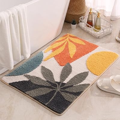 玄関マット 室内 おしゃれ ボタニカルな模様 秋冬デザインお風呂マット バスマット 浴槽 洗面所 ふわふわ 柔らか 滑り止め付き 北欧風 虹柄 可愛い 虹 洗える 吸水性 抗菌防臭 厚手 おしゃれマット 業務用(葉柄 2, 50×80cm)