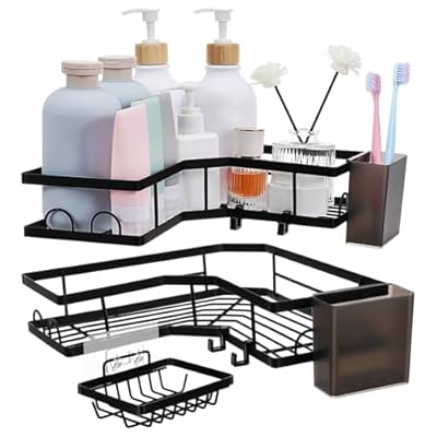 NUOLUX 浴室用ラック シャワーラック コーナー 三角 ラック フック4個付き 強力粘着固定 お風呂 バスルーム バスケット 浴室 洗面所 収納 3段式 3個セット ステンレス 黒