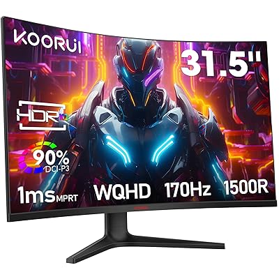 KOORUI 31.5インチ湾曲ゲーミングモニター 170Hz 1ms WQHD 1500R湾曲ディスプレイ pcモニター HDMI DisplayPort 傾き調整 アイケア 32E6QC