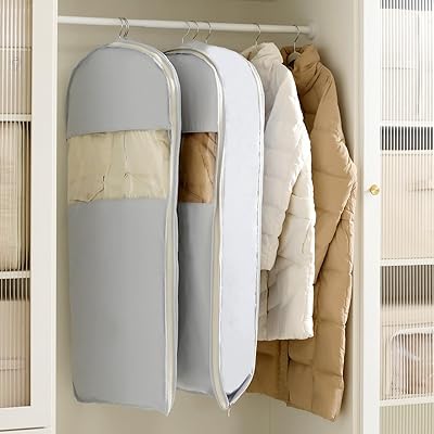 TIANZONG 衣類カバー 洋服カバー スーツカバー 透明窓付き ファスナー圧縮 耐久性 ロング 形崩れ防止 洗える 防塵防湿 (Grey, L 2枚組)