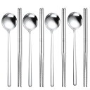 KXLCGYK スプーン お箸 4セット 18-8ステンレス 韓国スプーン 角箸 軽い中空箸 韓国食器 スープ カレー スプーン 鏡面仕上げ ディナーカトラリー...