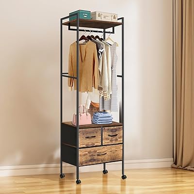 ハンガーラック スリム 頑丈 シングル コートハンガー 木製 収納付き 洋服ラック 引き出し ラック付き キャスター付き 幅58×奥行40×高さ170cm 省ス...