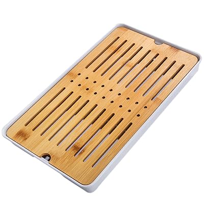 HIGHAWK茶盤 茶台 竹製プレート 貯水式 ティートレー 茶道具 樹脂皿 茶台 収納 板は取り外し可能 中空 茶器 排水式 貯水容量1500ml(長方形32.5*19.3cm)