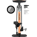 【全バルブ対応】HYCLINE 自転車 空気入れ: 160PSI 圧力計付き 自転車ポンプ - 仏式/米式/英式バルブ対応 フロアポンプ - オレンジ