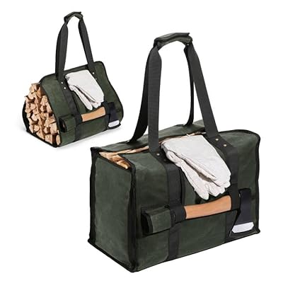 薪バッグ Housolution ログキャリー キャンプバッグ トートバッグタイプ 大容量収納 ささくれ防止/汚れ防止 持ち運び便利 耐磨耗 16A綿帆布製 パラフィンワックスコーティング LightGreen(4)