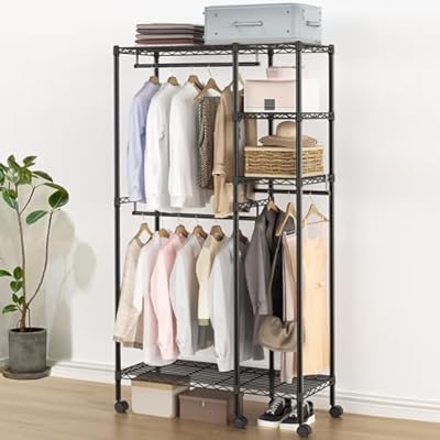 BreeRainz ハンガーラック 洋服掛け 衣類収納 2段 大容量 耐荷重230kg スチール製 キャスター付き 高さ調節可能 組み立て簡単 幅86×奥行39...