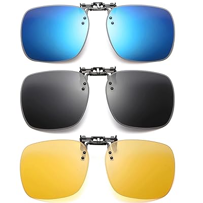 [FRAZALA] クリップオン 偏光 サングラス 跳ね上げ式 紫外線をカット UV400 前掛けクリップ式サングラス 屋外の活動用 男女兼用 (Blue + Grey + Yellow)(4)