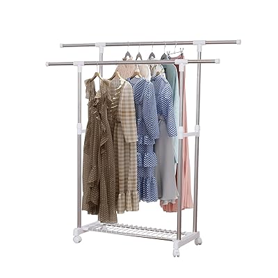 ハンガーラック 頑丈 パイプハンガーラックダブル 縦横伸縮タイプ キャスター付き 衣類収納 大容量 収納ラック 物干し スタンド 耐荷重120KG 洋服ハンガー 衣類収納 ラック 耐久 省スペース 組立簡単 キャスター付き 幅88-150×奥行43×