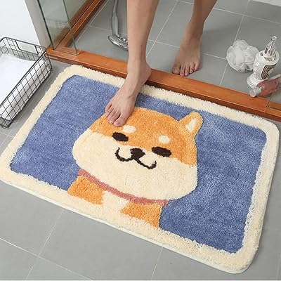 SYitong 玄関マット 浴室マット バスマット 吸水 滑り止め 防カビ 洗えるマット 可愛い おしゃれ ネコ柄 犬柄 廊下 洗面台 キッチン 吸湿性吸水性 柔らかい 厚手おしゃれマット 45×75cm (犬柄, 45×65cm)