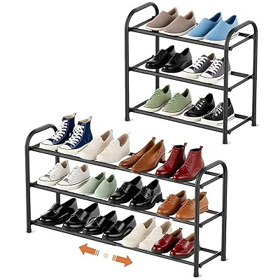 Aissiora シューズラック伸縮式 3段 靴収納 靴置き 伸縮ラック 靴だな 靴 棚 下駄箱 靴 ラック スリム 45-74cm伸縮式 簡単な組み立てが必要 玄関 クローゼット 戸口 寝室用 スリッパラック 省スペース おしゃれ(ブラック，3段)