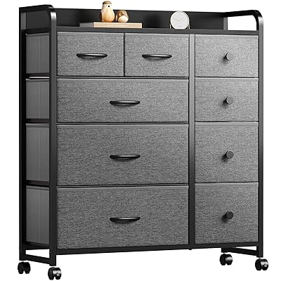 YeTom タンス 収納 チェスト 洋服収納 おしゃれ 洋服タンス キャスター付き 大容量 衣装棚 衣裝ケース リビング 引き出し 脱衣所 棚 衣類チェスト 箪笥 木製天板付き 和風 布製引き出し 転倒防止 安定感 L83×W29×H93cm(4段9