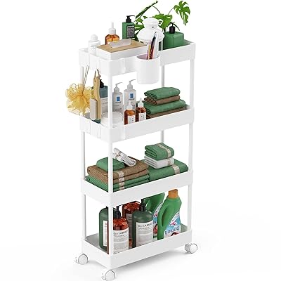 SIUSA キッチンワゴン キャスター付き ワゴン 隙間収納 スリム 収納カート キッチン 洗面所 収納 13.5cm 18cm 22cm 冷蔵庫横 台所 浴室 トイレ 細い棚 3段 4段 おしゃれ 組立簡単 フック＆収納カップ付き (4段式-[18