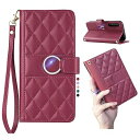 淳一屋 Sony Xperia 1 III(SO-51B/SOG03)リング付きキルティグレザー調手帳型ケース エレガントでかわいい ストラップ付き 優れるカード収納力 スタンド機能 マグネット開閉 全面保護(レッド)(2)
