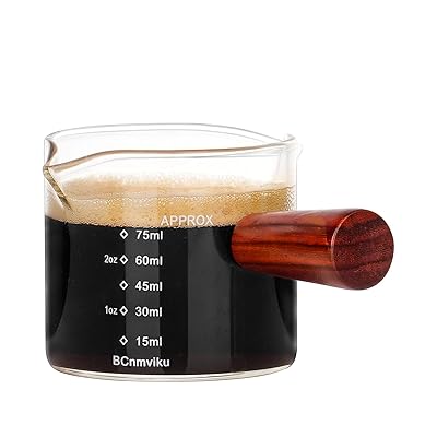 75ML計量カップエスプレッソショットグラス木製ハンドル付き目盛り付きトリプルピッチャーミルクカップ..