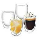 TeamSky ダブルウォール グラス 350ml 4個セット 耐熱 コーヒーグラス 二重構造 コップ 保温 保冷 透明 断熱 結露しないコップ ティーカップ ...