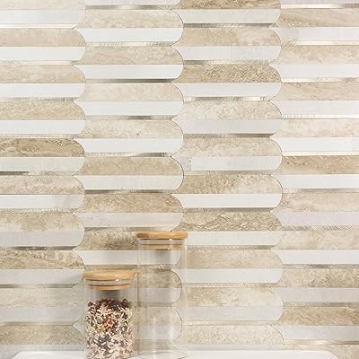 JAMAvisona 5枚北欧DIYタイルシール モザイク300*283mm3D壁紙3mm厚み 防水防汚耐熱はがせるウォールステッカーパンネル マーブル茶灰色アーチ型（金色アルミヘアライン）