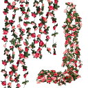 Bacucine バラ ガーランド 造花 藤 吊るす 人工観葉植物 藤の花 壁掛け 8本入れ 48輪花 シルク 葉 長い フェイクフラワー 2.4m ローズ 薔...