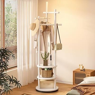 PonyLes ポールハンガー 木製 3段棚付き 回転可能 省スペース おしゃれ 組立簡単 スリム ハンガーラック コートハンガー 服かけスタンド 玄関収納 衣...