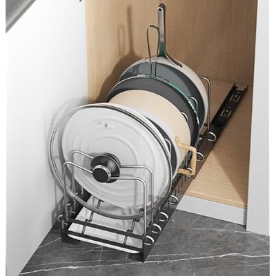 Gevvnss フライパンラック 12本仕切り 大容量 キッチン収納ラック 排水台付き 水切り 鍋スタンド フライパン 鍋 まな板 蓋置き 引き出し収納 42×17×21cm ブラック