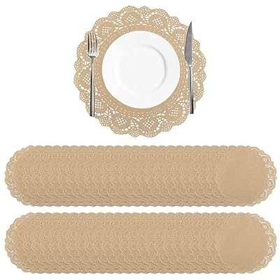URROMAペーパープレースマット,100個丸型ブラウンクラフト紙ドイリー使い捨てレース紙プレースパッドマ..