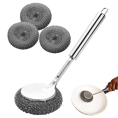 EsiFare たわし 长柄 柄付き ステンレスたわし 鉄フライパン ステンレス鍋 シンク 食器などの掃除 皿洗..