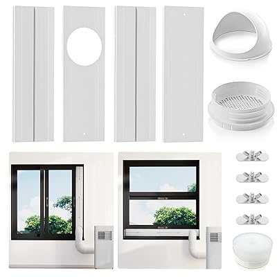 Okryain 窓用ダクトパネル 窓パネル 長さ43-163cm 防虫網付 スポットクーラー用パネル 丸型フード付 窓..