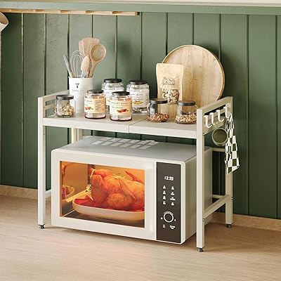 SVOHZAV レンジ上ラック 棚板高さ調節可 トースター収納 電子レンジ棚 多機能ラック レンジ置き台 伸縮式 省スペース 幅41~64cm 耐荷重50kg キッチン収納 フック8個付き(ホワイト, 二段式)