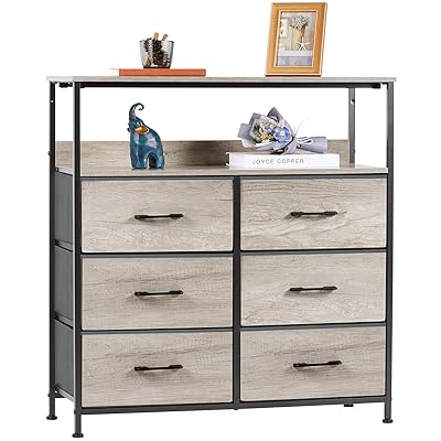 LYNCOHOME 棚付き収納チェスト グレージュ タンス キャビネット 布製引き出し 衣類収納 リビング収納 低ホルム 北欧風 3段6杯【幅80×奥行30×高さ84cm】