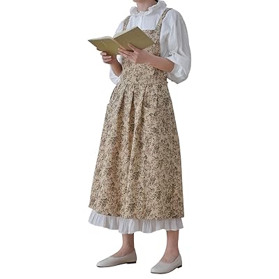 [Euyqs] ハイウエスト 綿とリネン エプロンおしゃれ ナチュラル 脱着簡単 家庭用 ガーデン カフェ 作業..