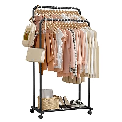 Sakugi ハンガーラック - キャスター付きハンガーラック ダブルタイプ メッシュ棚付き オシャレデザイン 衣類、ドレス、セーター、コートに最適 高耐荷重 ...