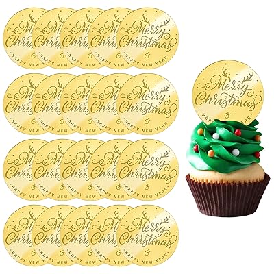URROMAクリスマスカップケーキトッパー,Glodenミラーアクリルラウンドクリスマスケーキディスクケーキピック刻印入りパーソナライズアクリルケーキチャームデコレーション20個