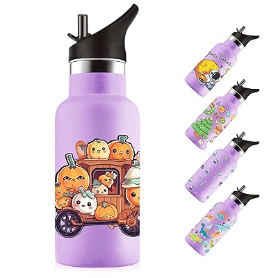 ストロー付き水筒 350ml 子供用 可愛いイラスト 二重構造 304ステンレス製 保温・保冷対応  ...