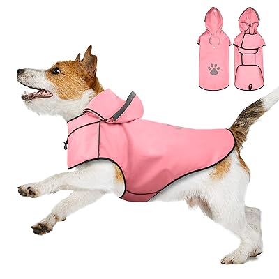 犬レインコート 防水 防風 通気性 軽量 透明フード付き 着脱簡単 マジックテープ調節可能 大型犬 梅雨対策 撥水加工 おしゃれデザイン 反射ステッチ 雨の日も安心 (ピンク, M)