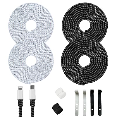 HIMIHOM ケーブルカバー コード プロテクター 細い 長さ6m 直径5mm-6mm キラキラ イヤホン 断線防止 ペット噛み防止 猫コード対策 ケーブル まとめる 折り防止 汚れ防止 保護カバー 4本セット （黒 白）