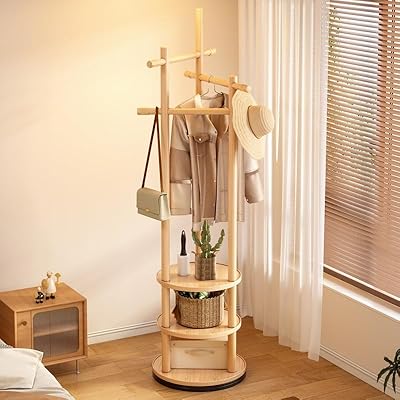 PonyLes ポールハンガー 木製 3段棚付き 回転可能 省スペース おしゃれ 組立簡単 スリム ハンガーラッ..
