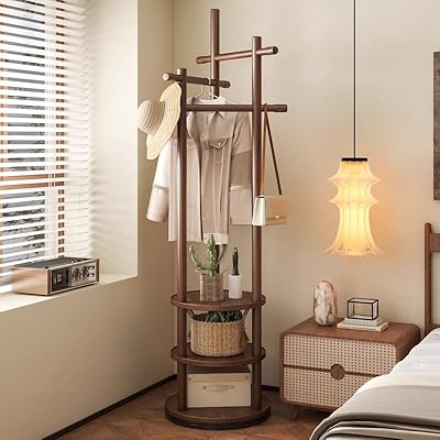 PonyLes ポールハンガー 木製 3段棚付き 回転可能 省スペース おしゃれ 組立簡単 スリム ハンガーラッ..