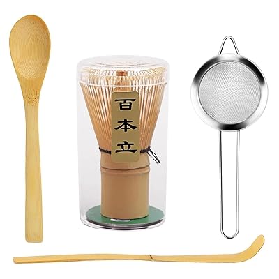 BTtime 茶せん 百本立 茶道具 4点セット 茶筌 竹製 茶杓 抹茶 粉末 泡立て器 茶道ツール 茶道用（茶筅+..