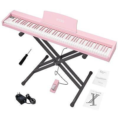 IKTMI 電子ピアノ 88鍵盤 木製 電子ピアノスタンドセット 携帯ピアノ ポータブルピアノ 初心者 子供 ペダル付き Xホルダ付き 持ち運び ピンク