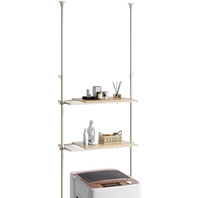 LYNCOHOME 棚付きランドリーラック 【横幅・高さ無段階調節】突っ張り おしゃれ 洗濯機ラック 壁面収納 一人暮らし 転倒防止 【幅65-85cm 天井194-284cm対応 ベージュ ナチュラル】