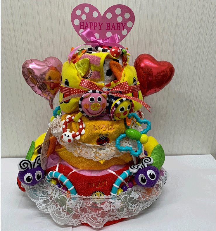 双子用【出産祝い】【おむつケーキ 3段 】【サッシー】【Sassy】☆350☆送料無料 名入れ無料オムツケーキ