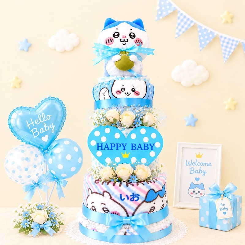 【出産祝い】【ちいかわ】【ハチワレ】【おむつケーキ 3段】【フラワー】【男の子】【女の子用】はち