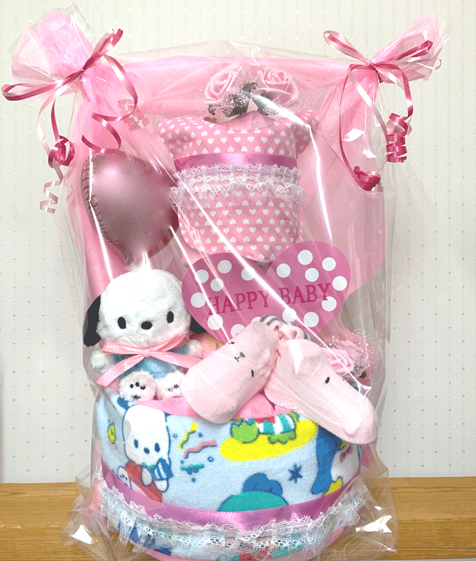 【出産祝い】【おむつケーキ　3段 】【サンリオ】【ポチャッコ 】ぽちゃっこ☆234☆送料無料 名入れ無料即日発送オムツケーキ