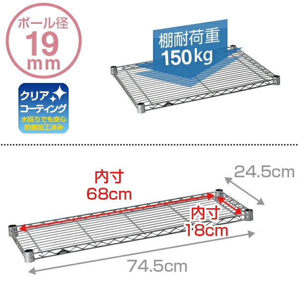 [19mm スチールラック用]ワイヤーシェルフ スチールシェルフ ルミナス ライト 棚板 幅75 奥行25cmモデル 耐荷重150kg 幅74.5 奥行24.5cm スチール棚 ラック 収納 スチールラック メタルシェルフ パーツ スリーブ付 ST7525