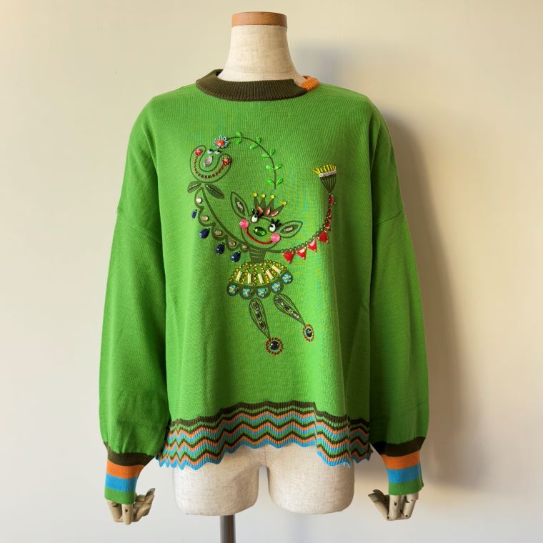【50％OFF SALE】アルベロベロ(Alberobello)オレボレブラぶたさんプリント＆ビーズ刺繍 ニットプルオー..
