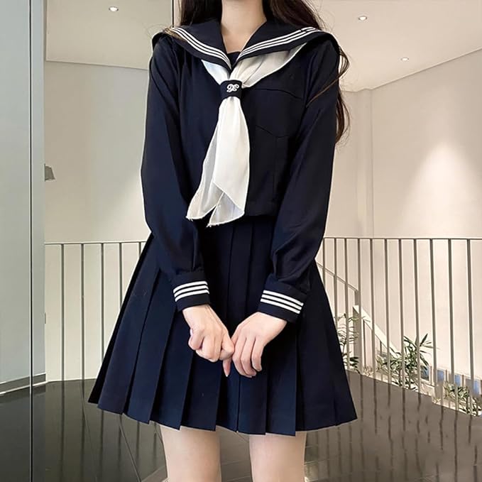 セーラー服 紺色 女子高生 3点セット ハロウィン 仮装 JK 制服 コスチューム 長袖 前開き 上下セット ..