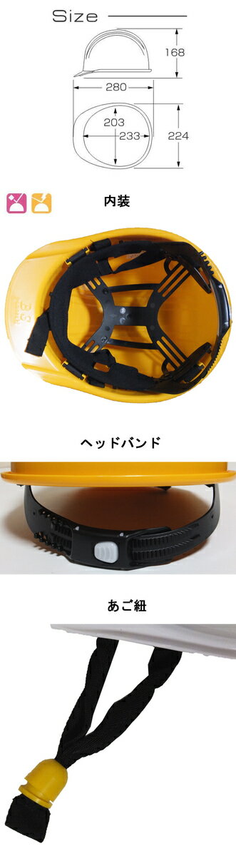 一般作業/工事用ヘルメット・イエロー・BS-1（ABS樹脂・内装一式/あご紐/ライナーなし） 3